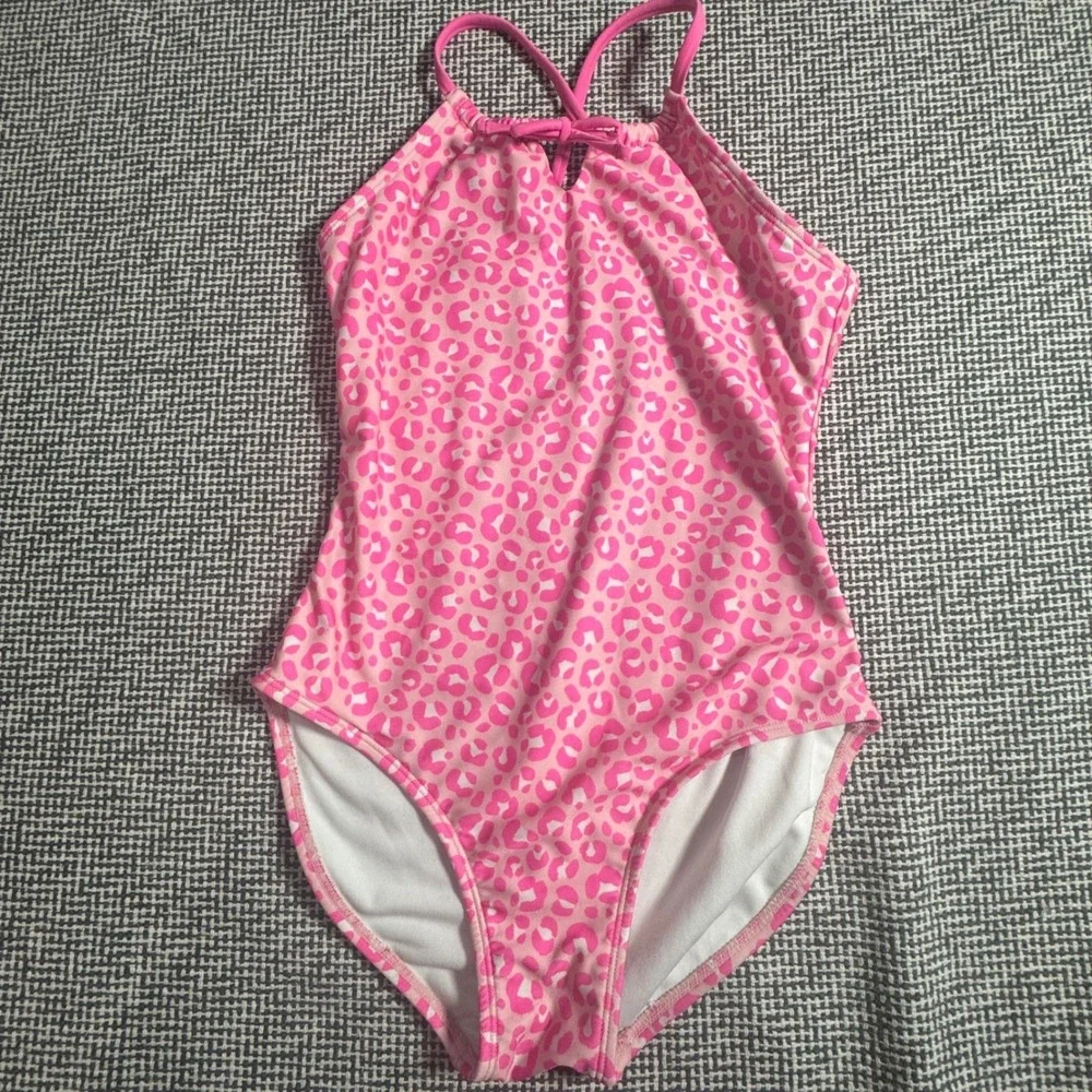 Cat & Jack Girls Pink Leopard Print One Piece Swimsuit High Neck Size XL 14
